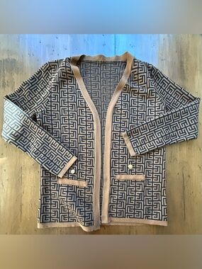 Kelly Obi Geometric Pattern Open Cardigan in Brown and Black with Brown Belt